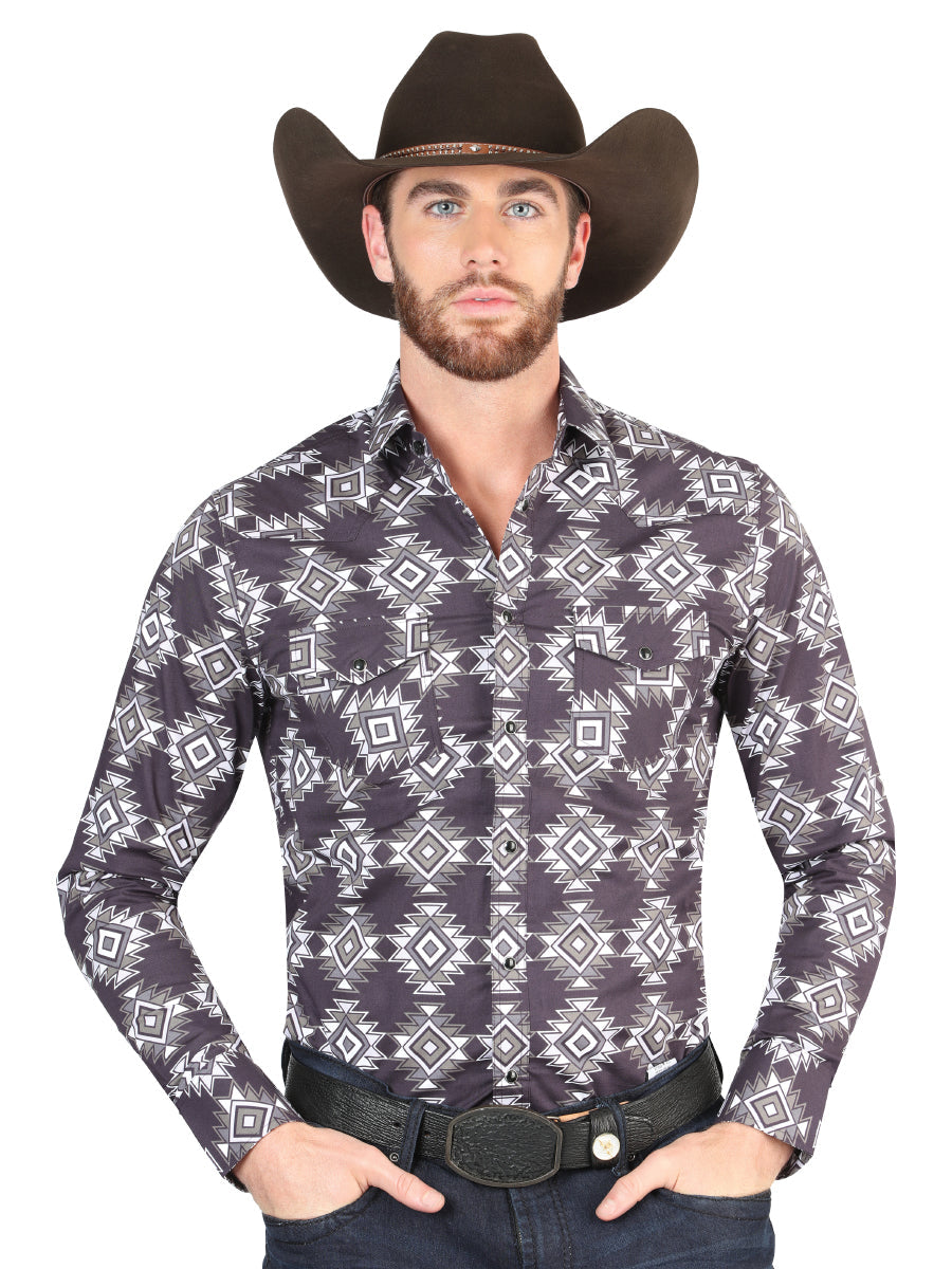 Camisa Vaquera Manga Larga de Broches Estampada Azul Oscuro para Hombre 'El Señor de los Cielos' - ID: 44403 Camisas Estampadas El Señor de los Cielos Dark Blue