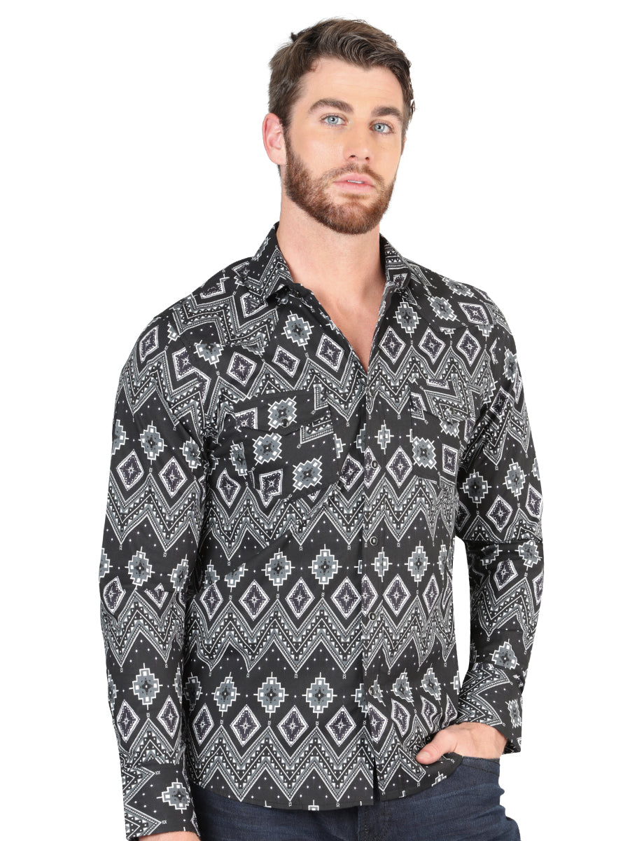 Camisa Vaquera Manga Larga de Broches Estampada Negro para Hombre 'El Señor de los Cielos' - ID: 44432 Camisas Estampadas El Señor de los Cielos Black