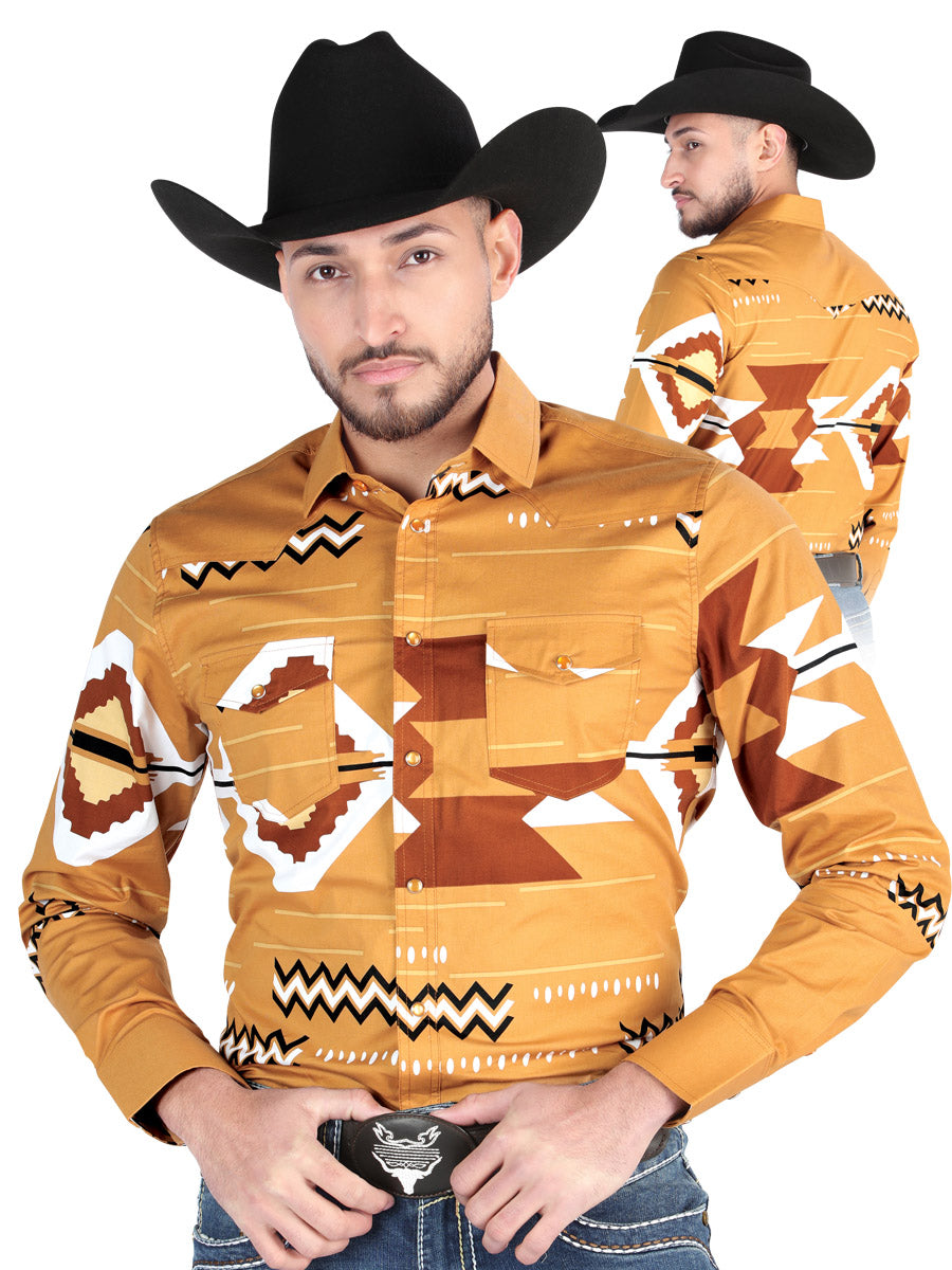 Men's Taupe Printed Long Sleeve Denim Shirt 'The Lord of the Skies' ID: 44499