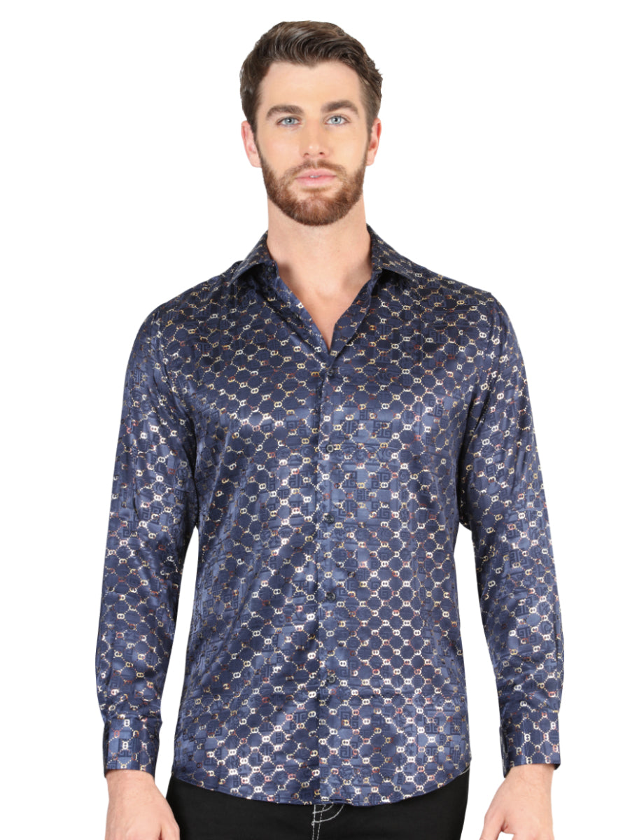 Camisa Casual Manga Larga Estampada Marino/Oro para Hombre 'El Señor de los Cielos' - ID: 44548 Camisas Estampadas El Señor de los Cielos Navy/Gold