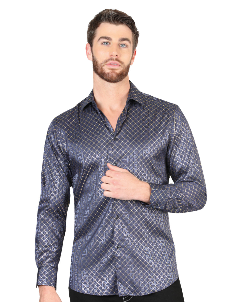 Camisa Casual Manga Larga Estampada Azul Marino para Hombre 'El Señor de los Cielos' - ID: 44551 Camisas Estampadas El Señor de los Cielos Navy Blue