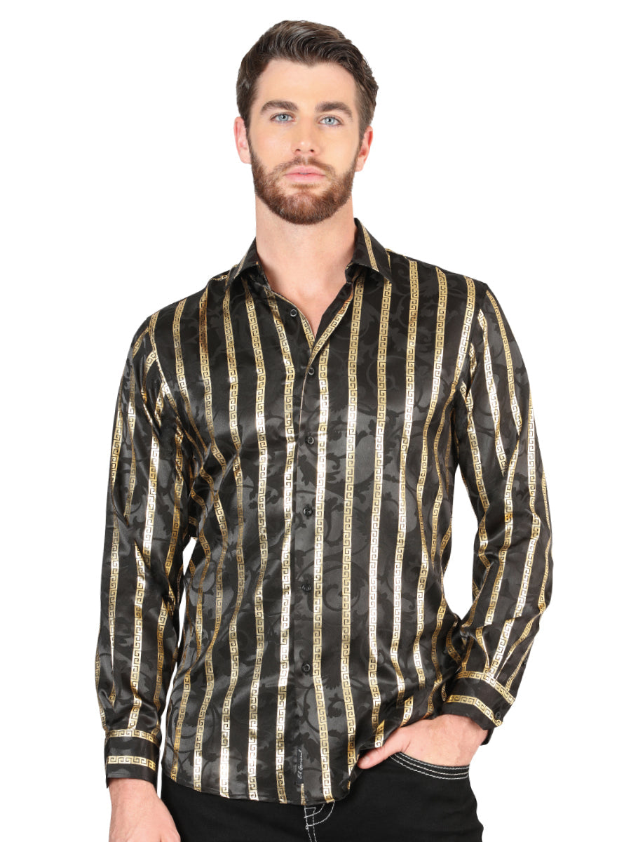 Camisa Casual Manga Larga Estampada Negro/Oro para Hombre 'El Señor de los Cielos' - ID: 44554 Camisas Estampadas El Señor de los Cielos Black/Gold