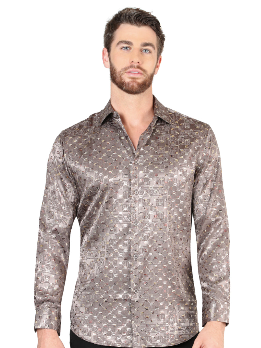 Camisa Casual Manga Larga Estampada Cafe para Hombre 'El Señor de los Cielos' - ID: 44576 Camisas Estampadas El Señor de los Cielos Brown