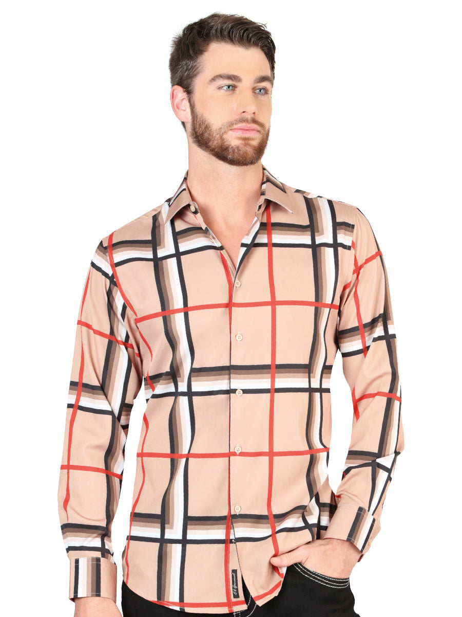 Khaki Checkered Printed Long Sleeve Casual Shirt for Men 'The Lord of the Skies' ID: 44604