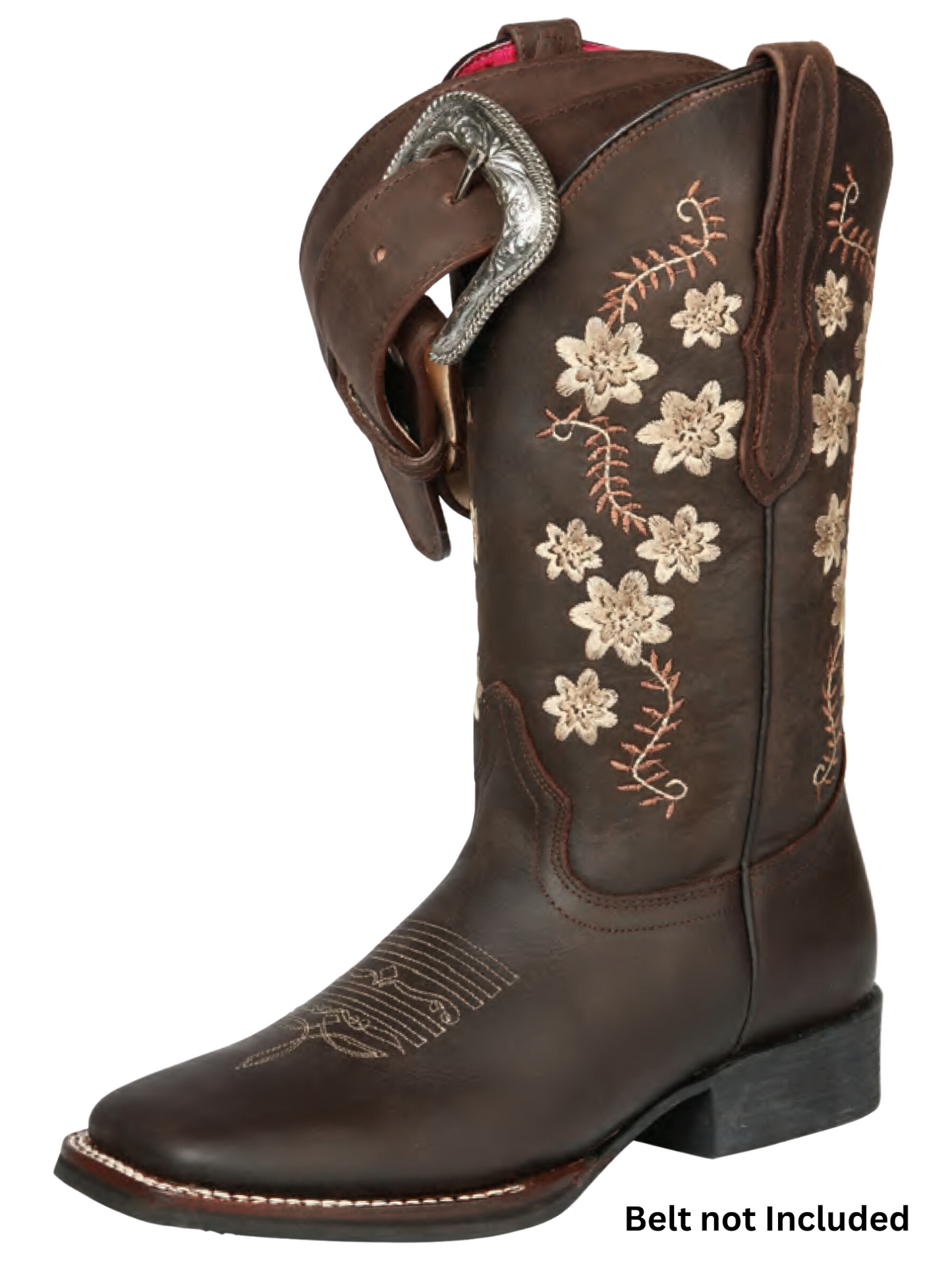 Botas Vaqueras Rodeo con Tubo Bordado de Flores de Piel Genuina para Mujer 'El General' - ID: 44641 Botas Rodeo Piel Genuina El General