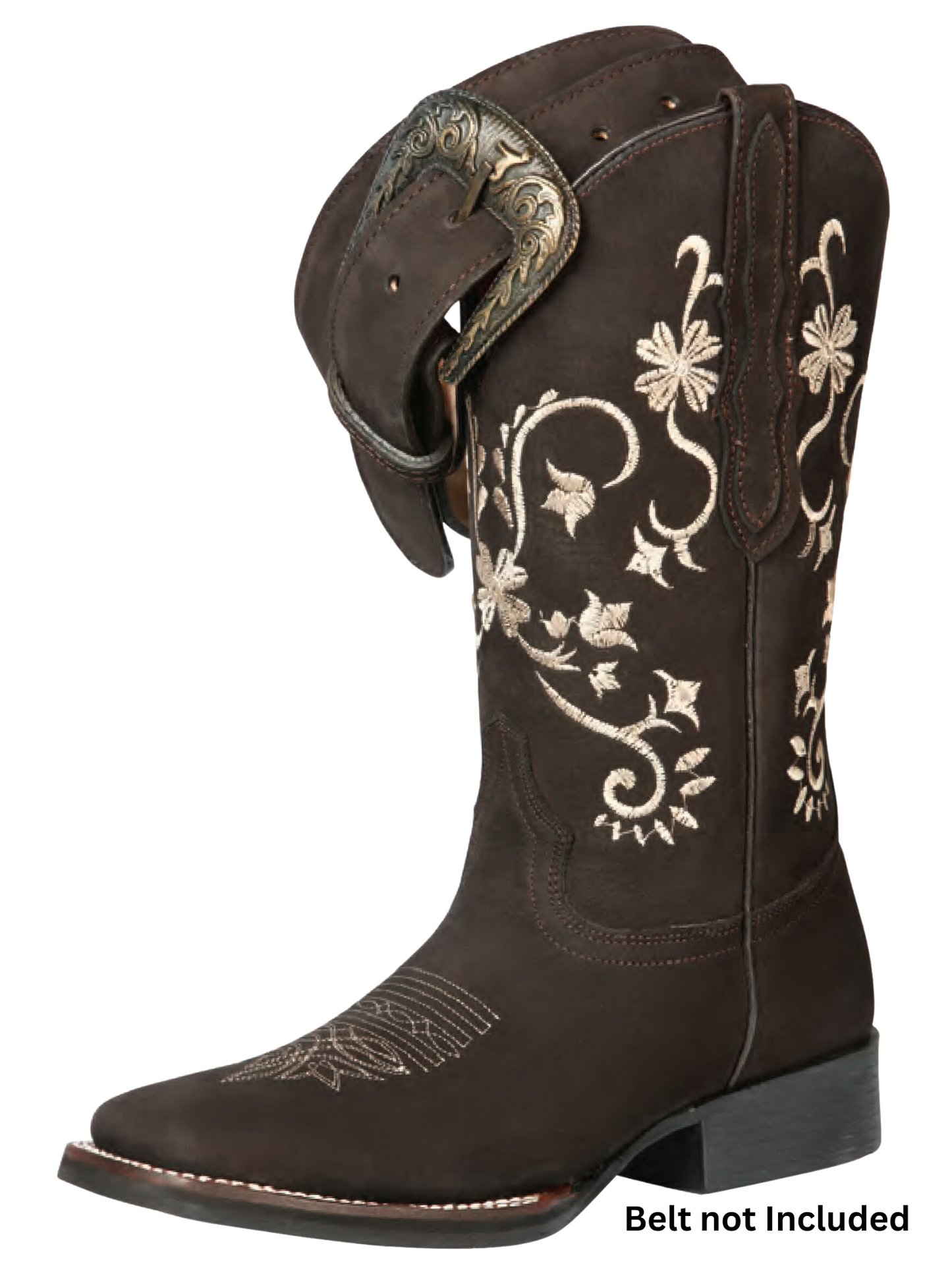Botas Vaqueras Rodeo con Tubo Bordado de Flores de Piel Nobuck para Mujer 'El General' - ID: 44642 Botas Rodeo Piel Nobuck El General