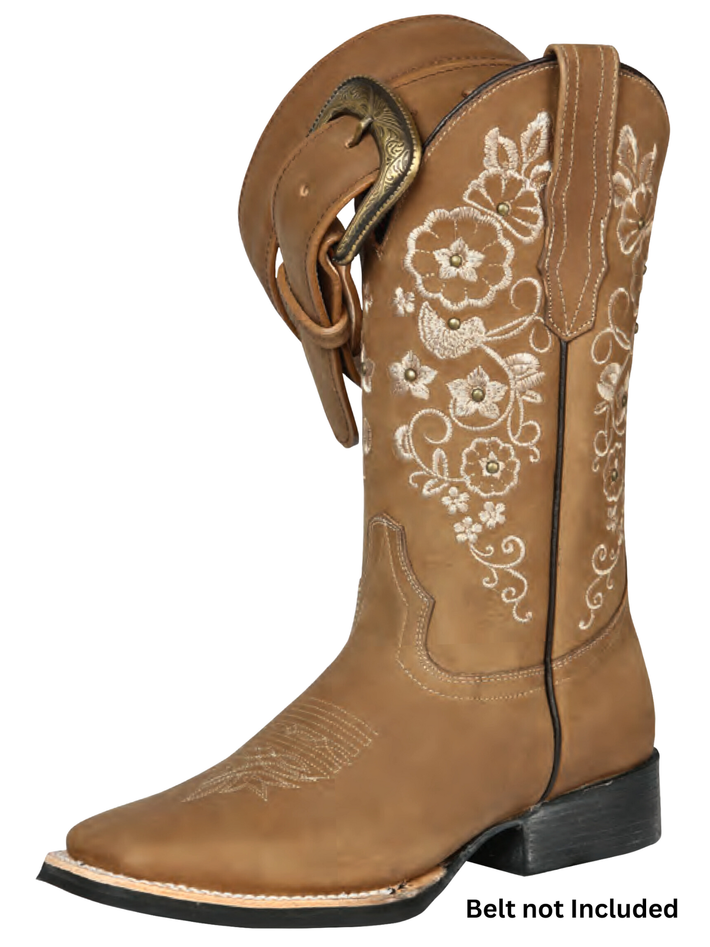 Botas Vaqueras Rodeo con Tubo Bordado de Flores de Piel Genuina para Mujer 'El General' - ID: 44643 Botas Rodeo Piel Genuina El General