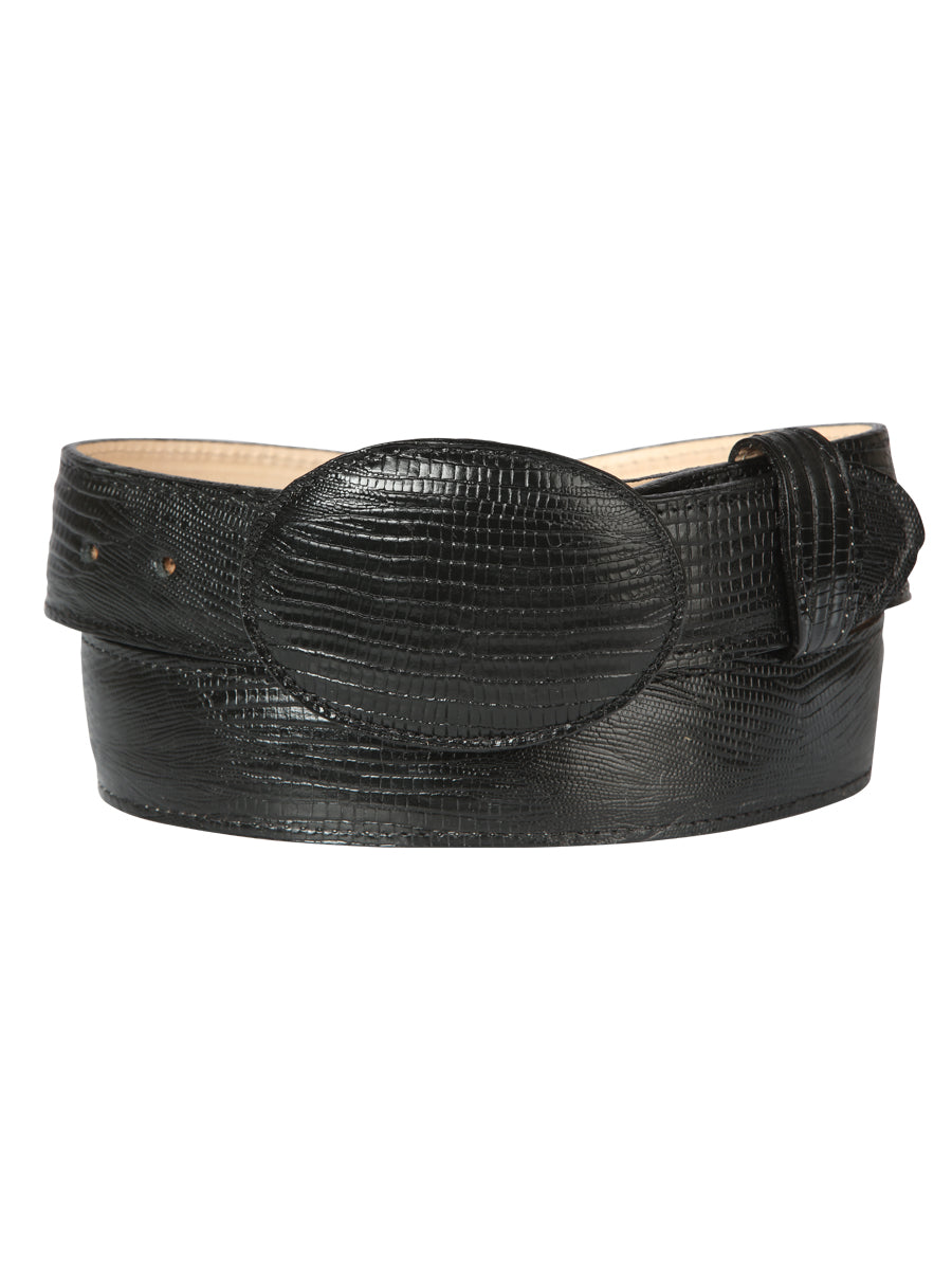 Cinto Vaquero Imitacion de Lizard Grabado en Piel Vacuno para Hombre con Hebilla Ovalada, 1 1/2" Ancho 'El General' - ID: 44670 Cintos Estampados El General Negro