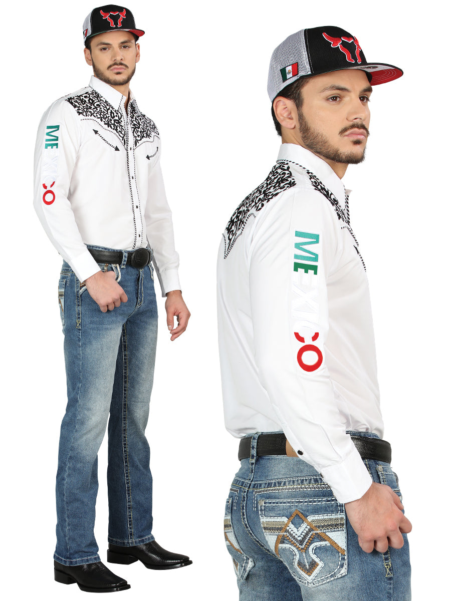 Pantalon Vaquero de Mezclilla Premium Boot Cut, Bordado Stretch Azul Mediano para Hombre 'Centenario' - ID: 44965 Pantalones de Vaquero Centenario Medium Blue