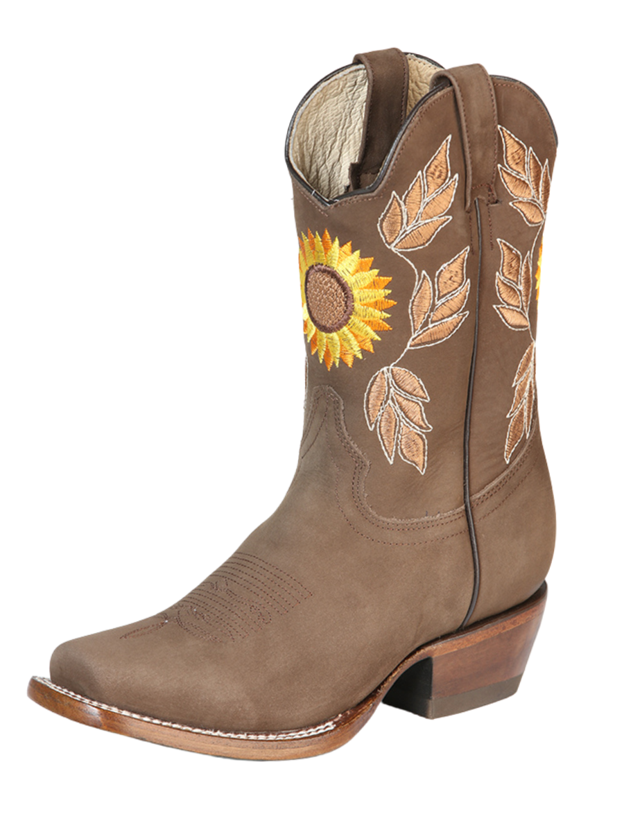 Botas Vaqueras Rodeo con Tubo Bordado de Flores de Piel Nobuck para Mujer El General ID 51164