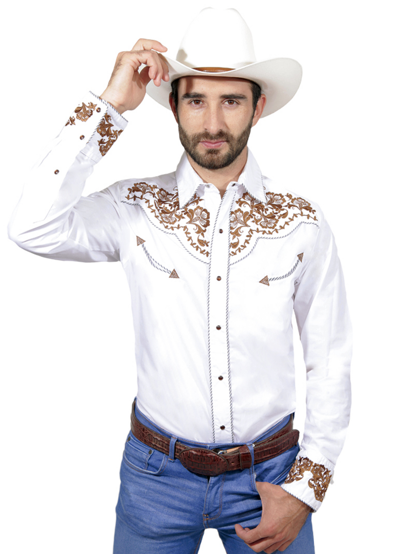 Camisa Vaquera Bordada Manga Larga Blanco para Hombre 'El Señor de los Cielos' - ID: 125385 Camisas Bordadas El Señor de los Cielos White