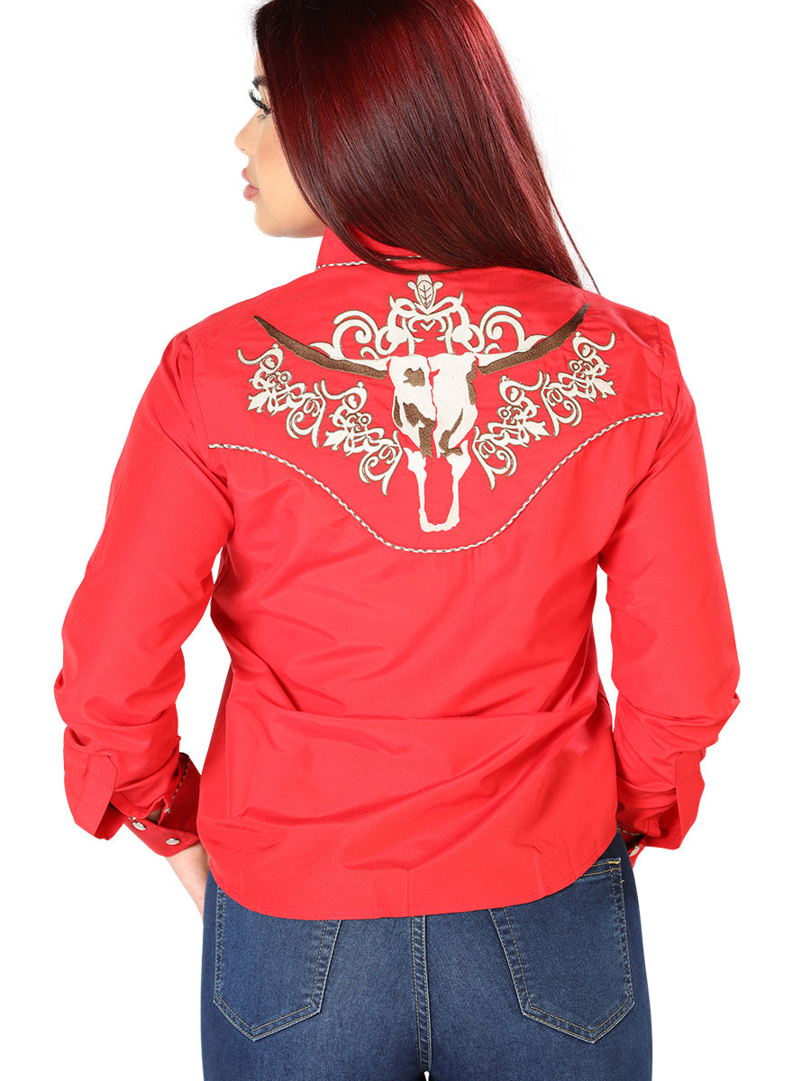 Camisa Vaquera Manga Larga Bordada Rojo para Mujer 'El Señor de los Cielos' - ID: 126675 Camisas Bordadas El Señor de los Cielos