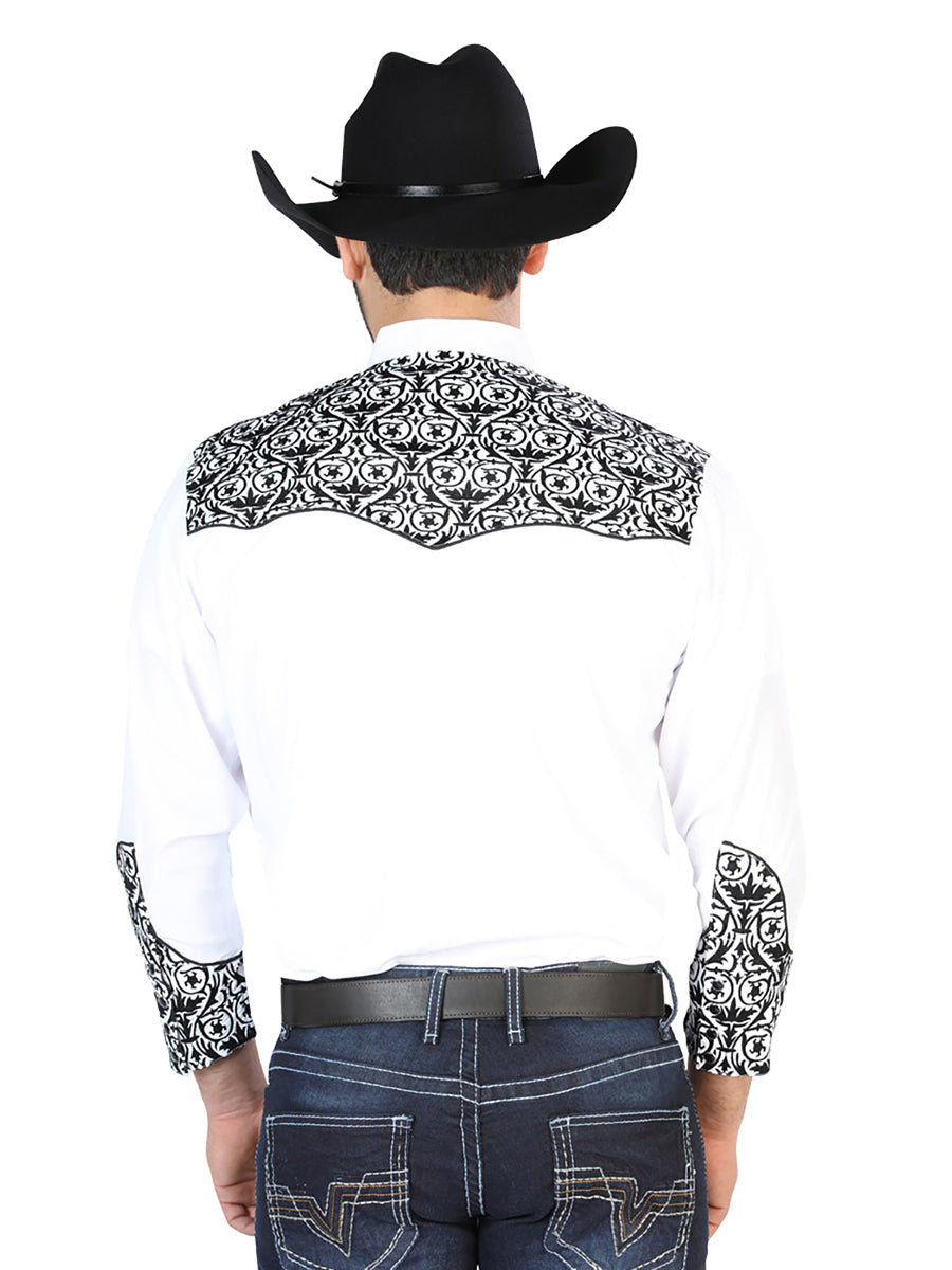 Camisa Vaquera Bordada Manga Larga Blanco para Hombre 'El Señor de los Cielos' - ID: 126705 Camisas Bordadas El Señor de los Cielos