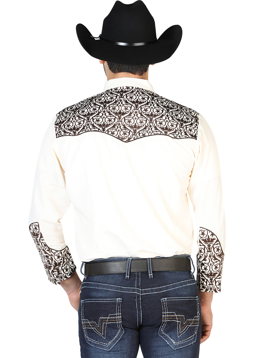 Camisa Vaquera Bordada Manga Larga Beige para Hombre 'El Señor de los Cielos' - ID: 126706 Camisas Bordadas El Señor de los Cielos