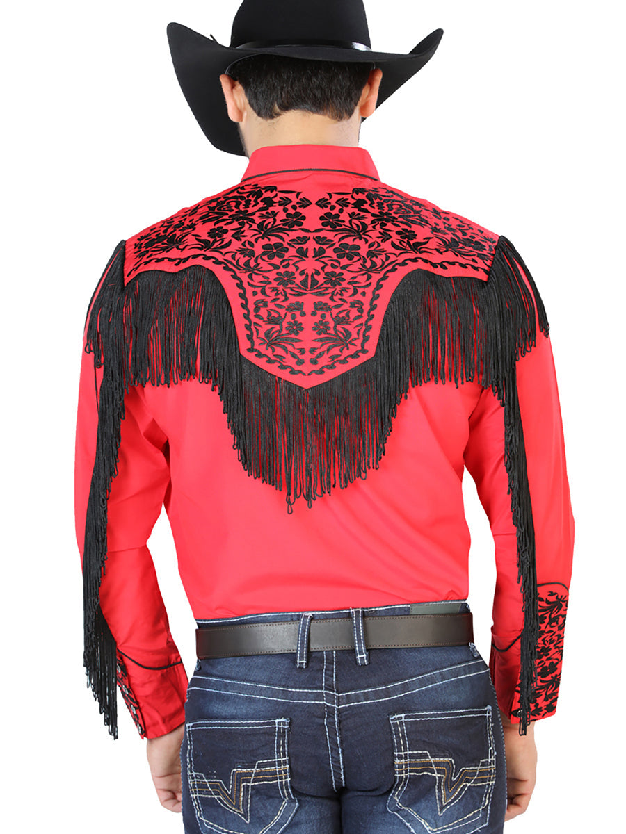 Camisa Vaquera Bordada Manga Larga Rojo para Hombre 'El Señor de los Cielos' - ID: 126709 Camisas Bordadas El Señor de los Cielos
