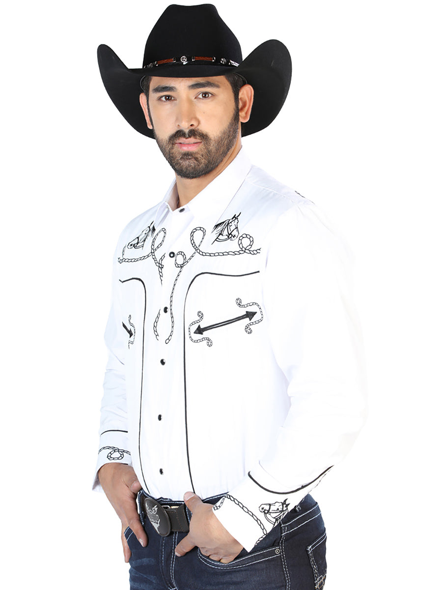 Camisa Vaquera Bordada Manga Larga Blanco para Hombre 'El Señor de los Cielos' - ID: 126715 Camisas Bordadas El Señor de los Cielos