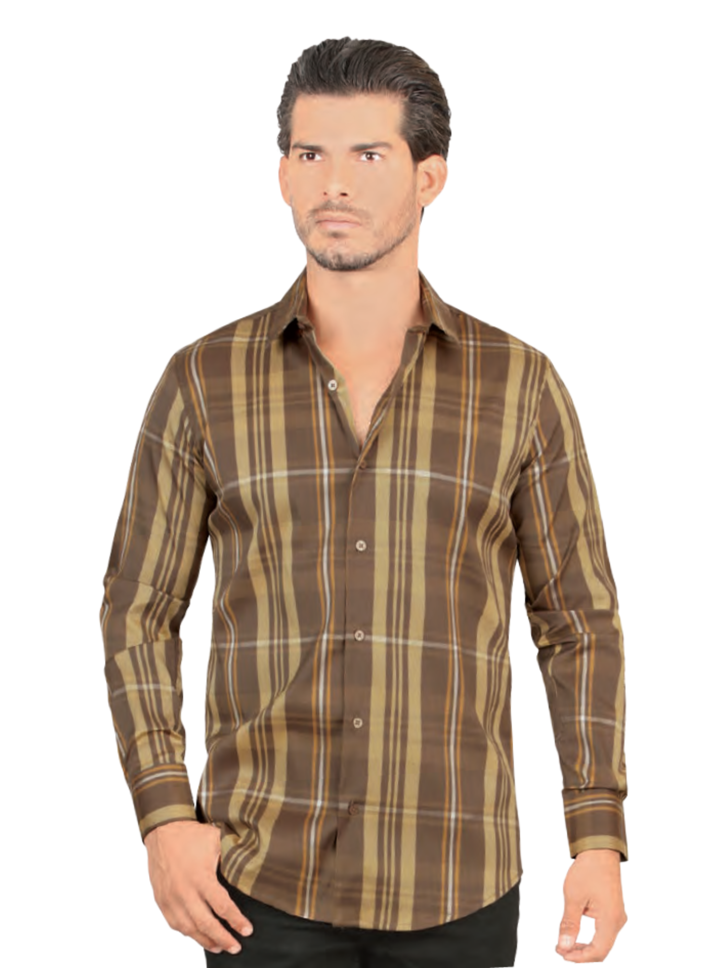 Camisa Vaquera Manga Larga Estampada Cuadros para Hombre 'Lamasini' - ID: 2026 Camisas Bordadas Lamasini Brown