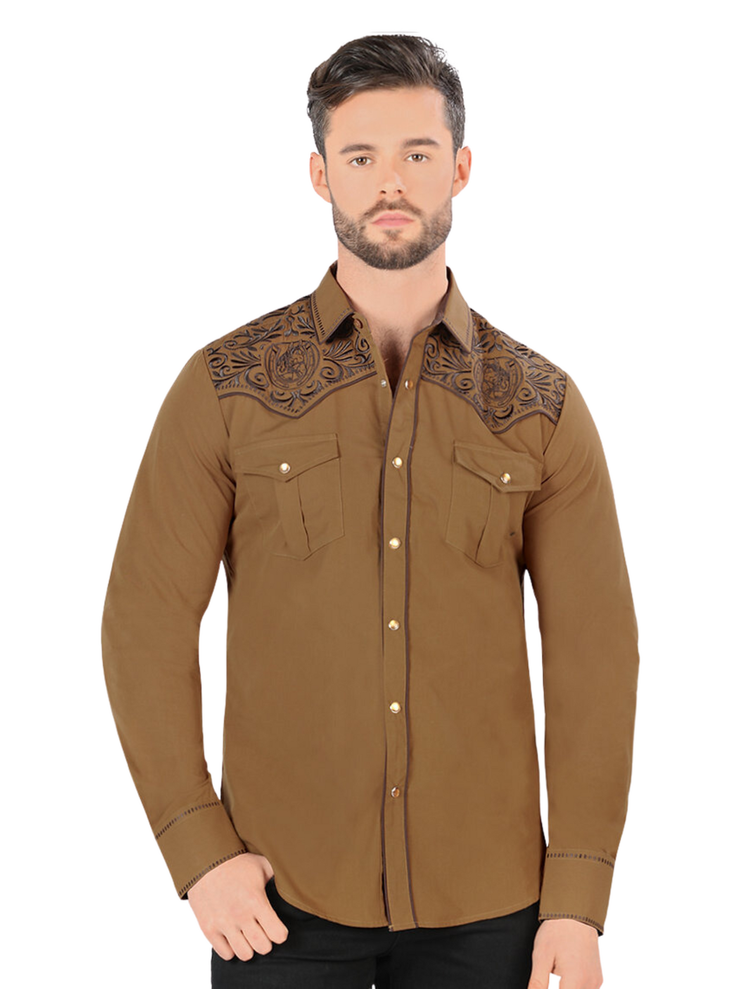 Camisa Vaquera Bordada Manga Larga para Hombre 'Montero' - ID: VA3540 Camisas Bordadas Montero Camel
