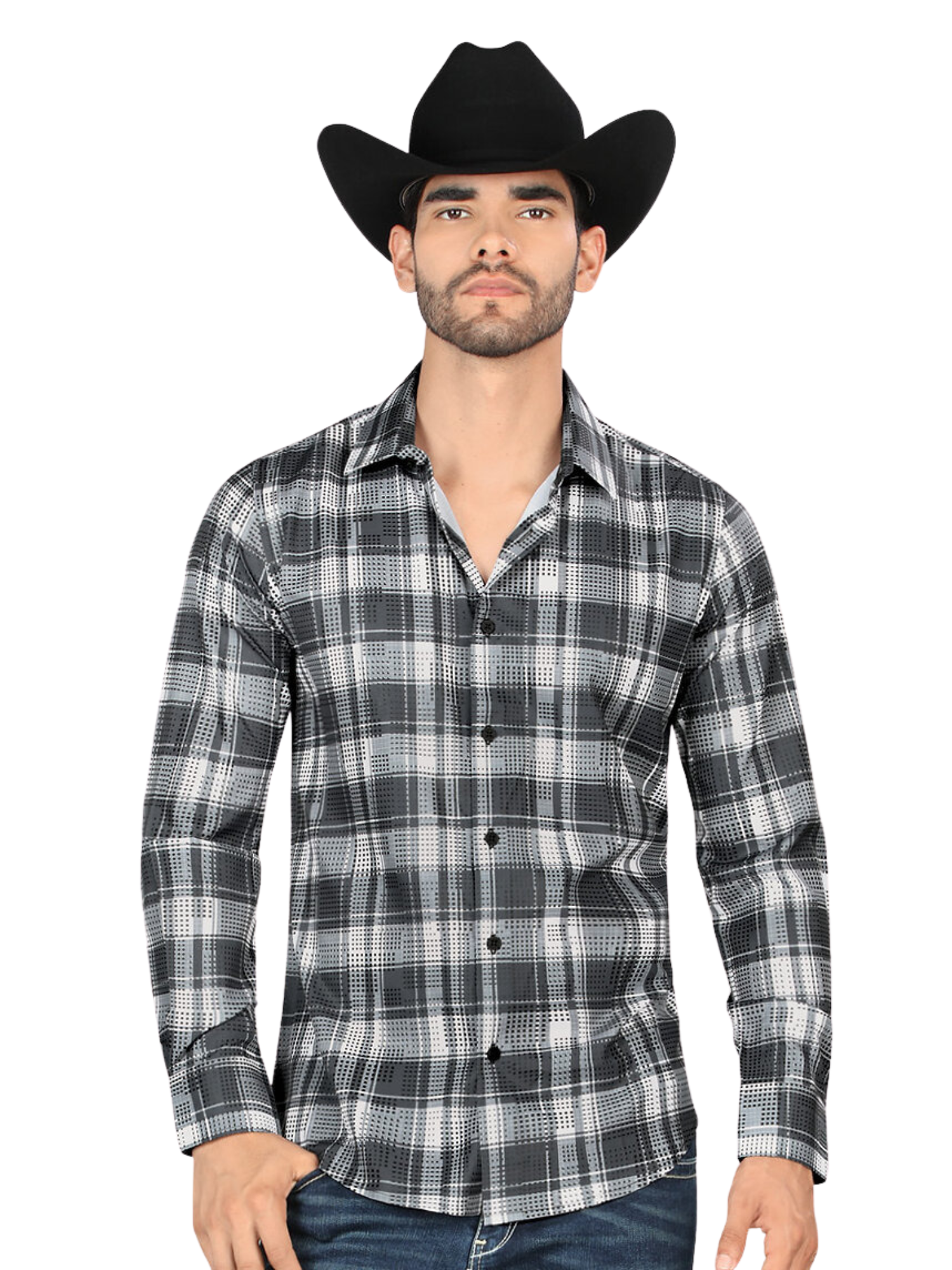 Camisa Vaquera Manga Larga Estampada Cuadros para Hombre 'Montero' - ID:  4010, image size:1500x2000