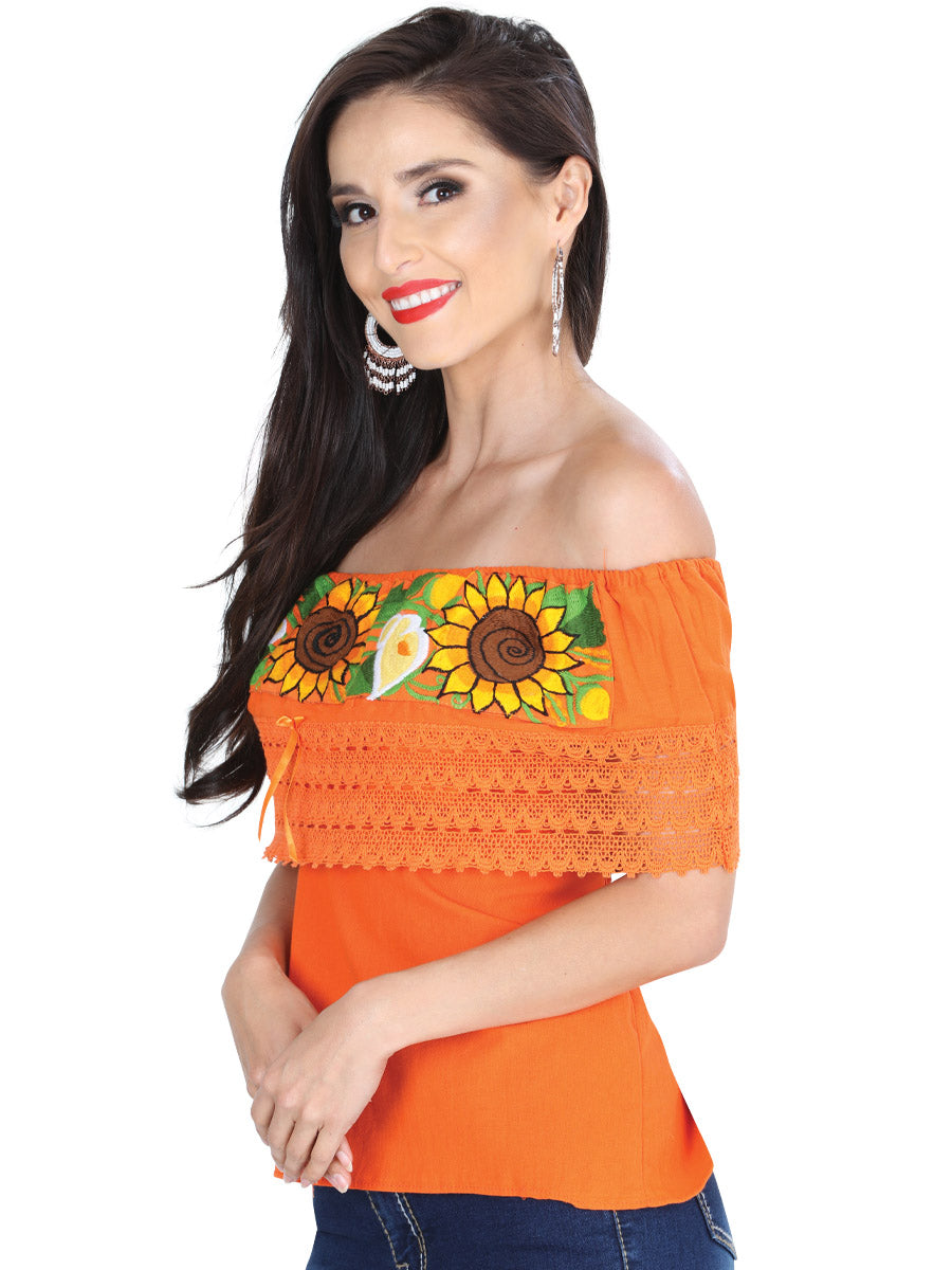 Blusa Artesanal de Olan Bordada de Girasoles para Mujer Handmade Blouse Mexico Artesanal Orange