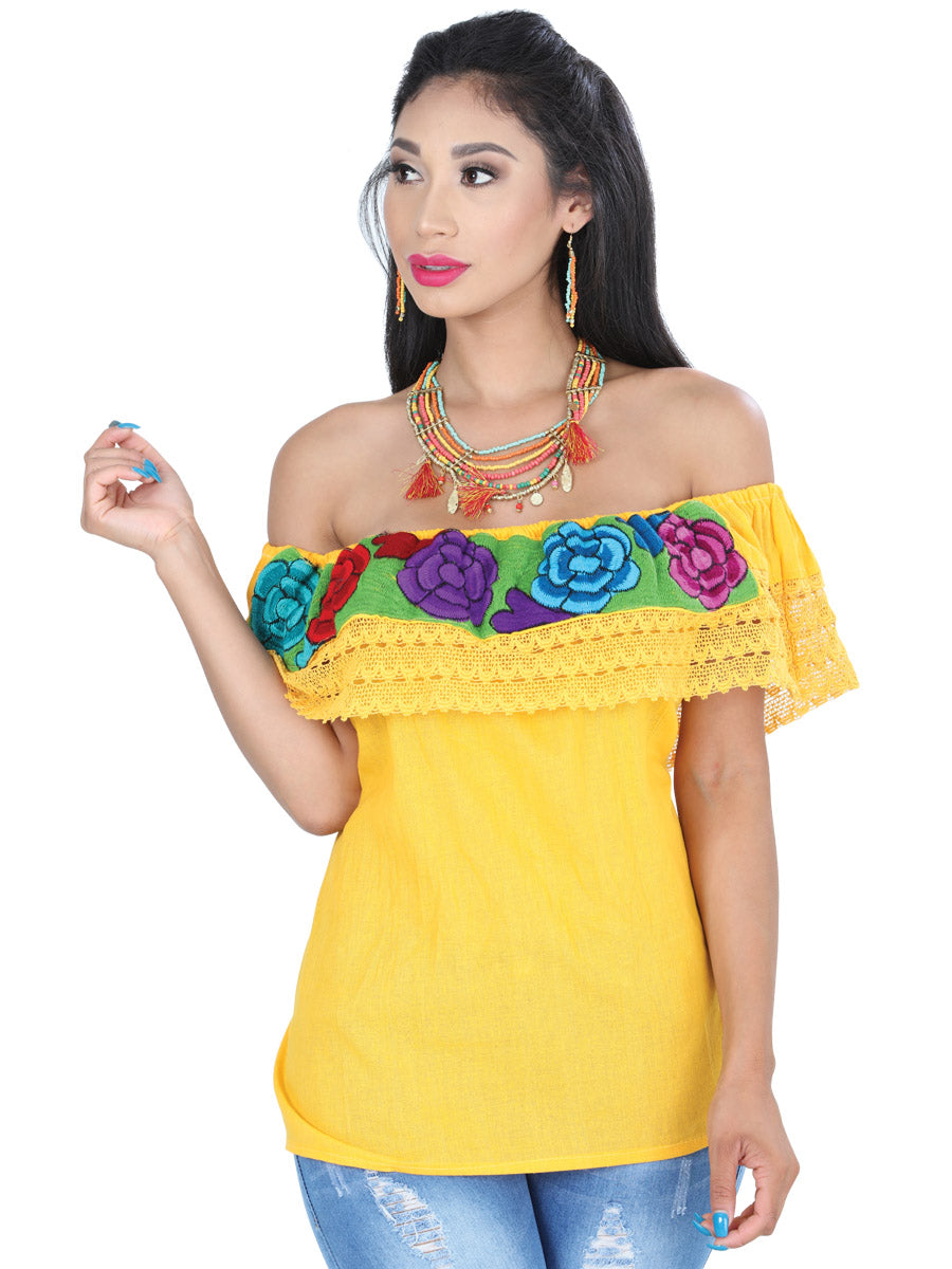Blusa Artesanal de Olan Bordada de Flores para Mujer Handmade Blouse Mexico Artesanal Yellow