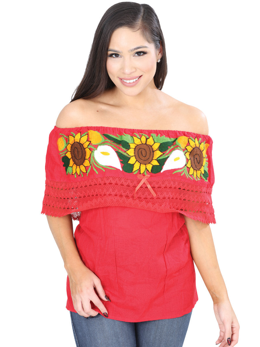 Blusa Artesanal de Olan Bordada de Girasoles para Mujer Handmade Blouse Mexico Artesanal Red