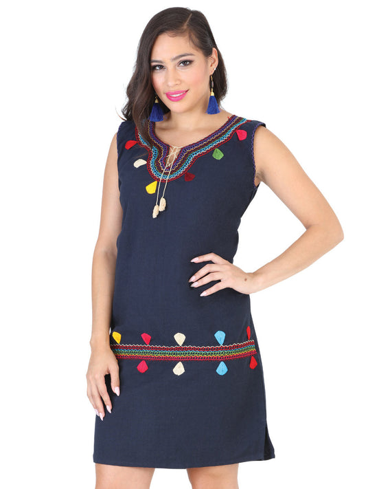 Vestido Artesanal Bordado Cadenilla para Mujer Handmade Dress Mexico Artesanal Navy Blue