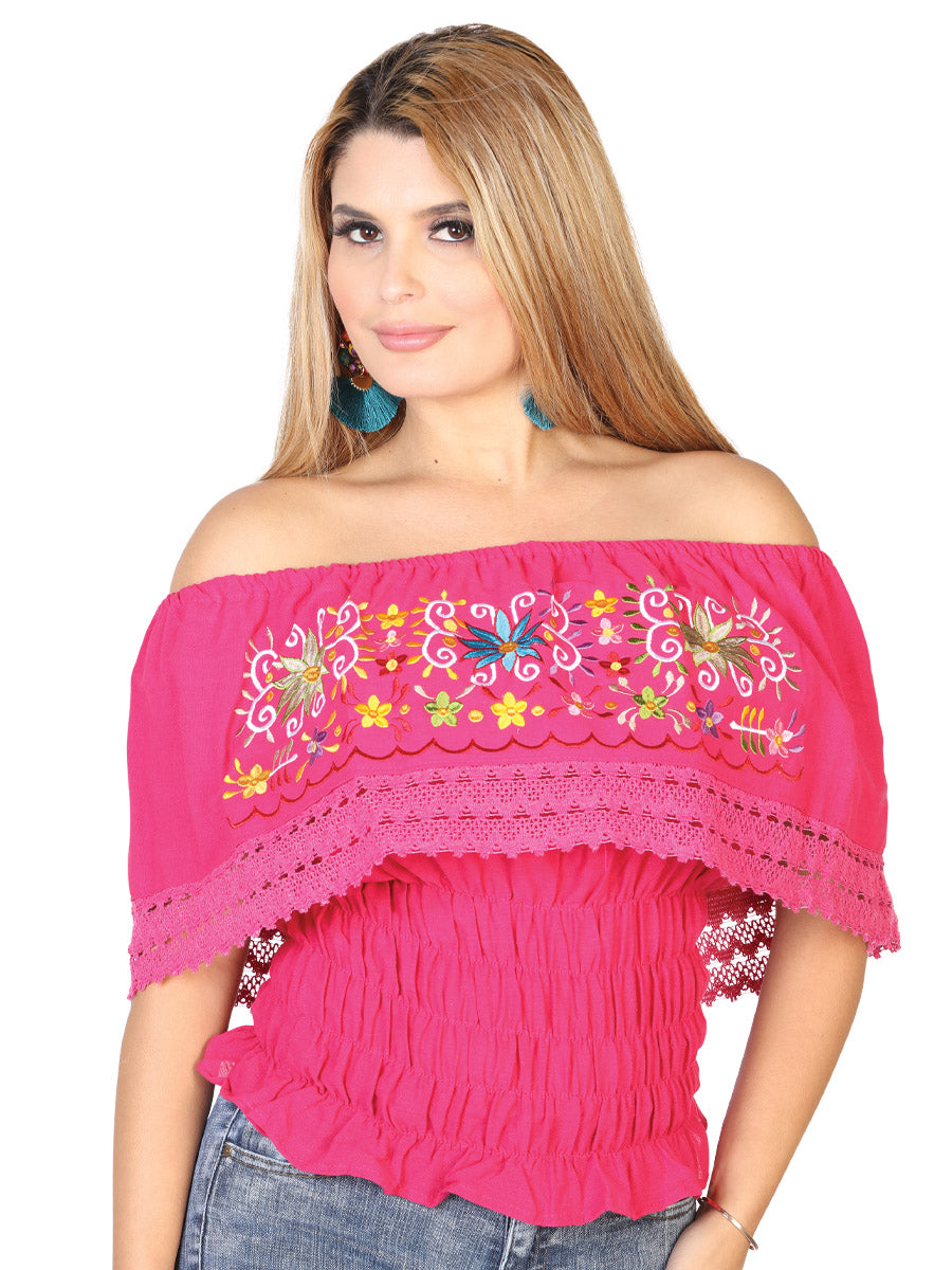 Blusa Artesanal de Olan Bordada de Flores para Mujer Handmade Blouse Mexico Artesanal Fuchsia
