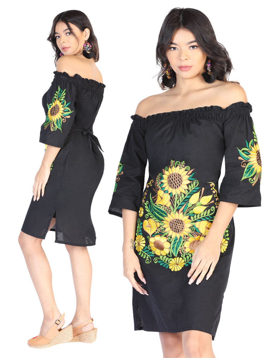 Vestido Artesanal Manga 3/4 Bordado de Girasoles para Mujer Vestidos Artesanales Mexico Artesanal Black