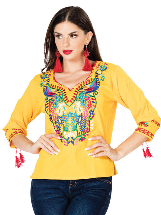 Blusa Artesanal Bordada Pavoreal para Mujer Handmade Blouse Mexico Artesanal Yellow