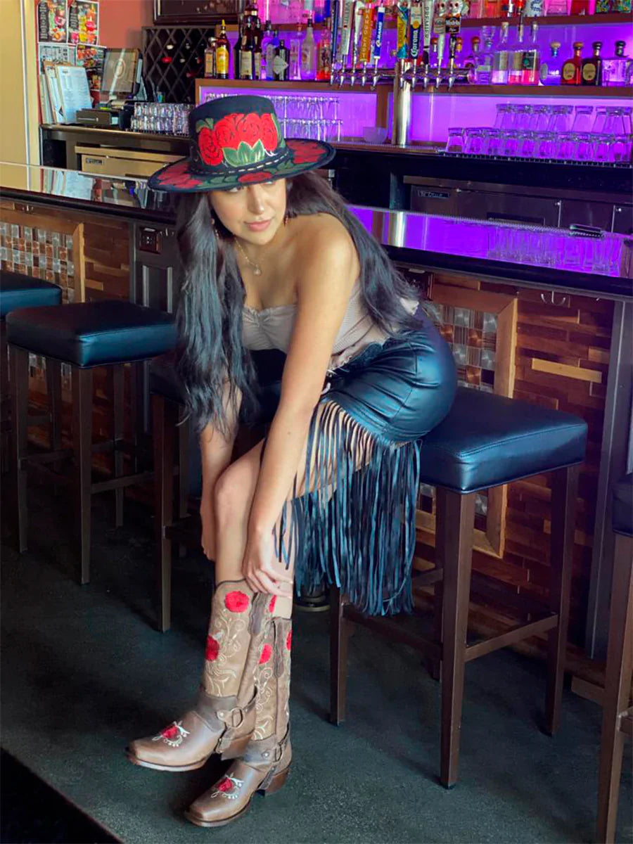 Sombrero Artesanal Floral Pintado a Mano de Piel Gamuza para Mujer 'Mexico Artesanal' - ID: 603719 Sombreros Artesanales Mexico Artesanal