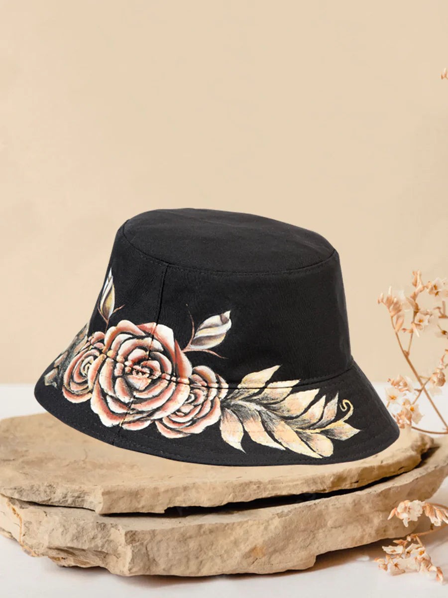 Sombrero Artesanal Floral Pintado a Mano de 100% Algodon para Mujer 'Mexico Artesanal' - ID: 603823 Sombreros Artesanales Mexico Artesanal Black