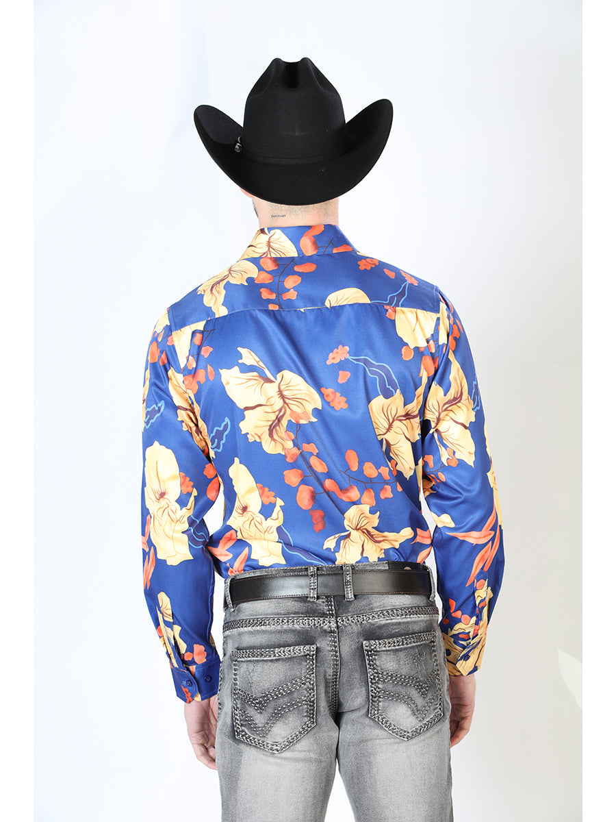 Camisa Vaquera Manga Larga Estampada Floral Azul para Hombre 'El Señor de los Cielos' - ID: 43676 Camisas Florales El Señor de los Cielos