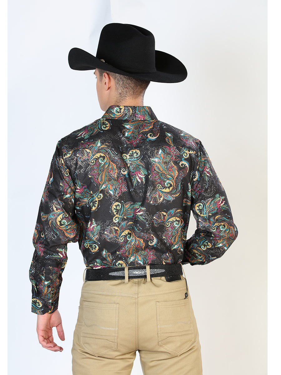 Camisa Vaquera Manga Larga Estampada Cachemir Negro/Multicolor para Hombre 'El Señor de los Cielos' - ID: 43800 Camisas Estampadas El Señor de los Cielos