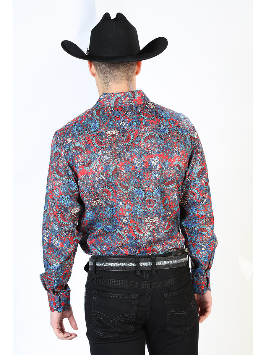 Camisa Vaquera Manga Larga Estampada Cachemir Rojo para Hombre 'El Señor de los Cielos' - ID: 43867 Camisas Estampadas El Señor de los Cielos