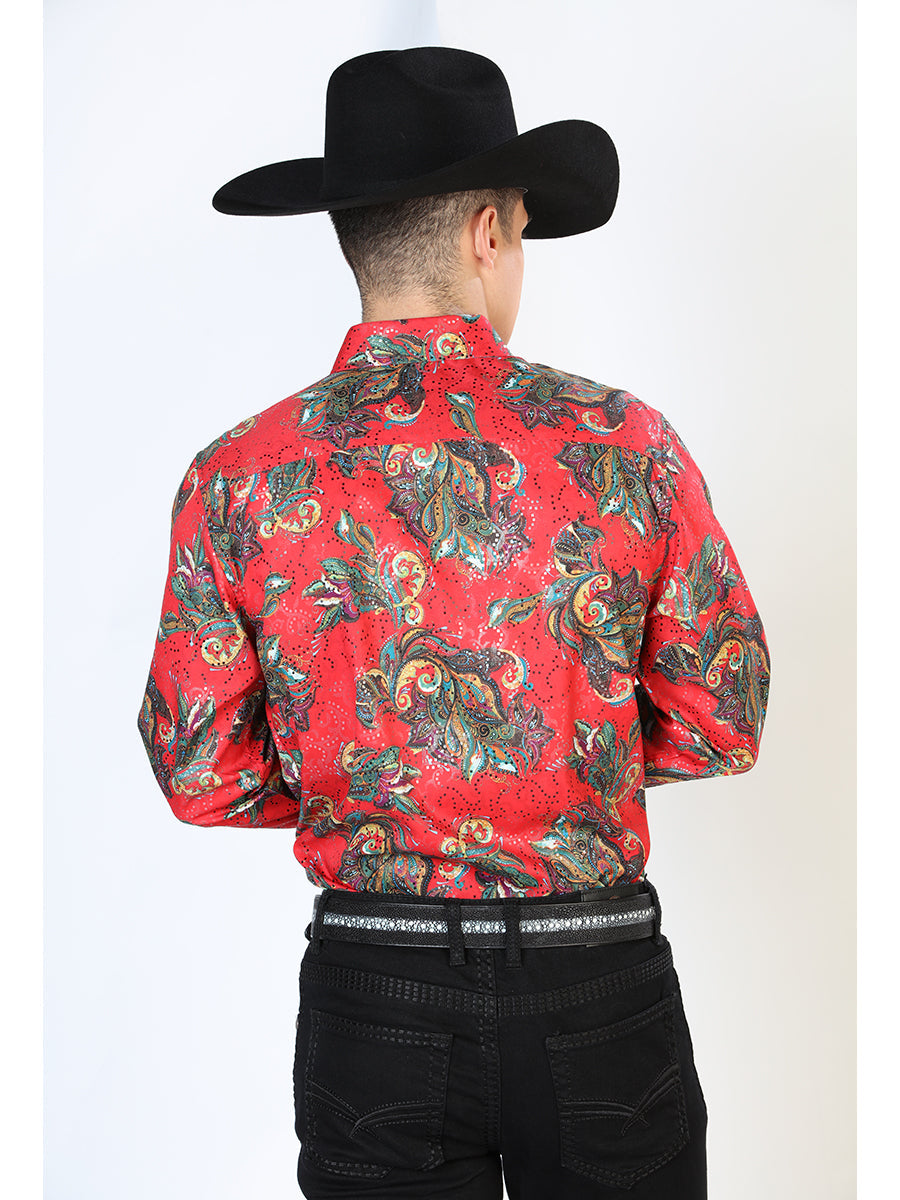 Camisa Vaquera Manga Larga Estampada Cachemir Rojo para Hombre 'El Señor de los Cielos' - ID: 43869 Camisas Estampadas El Señor de los Cielos
