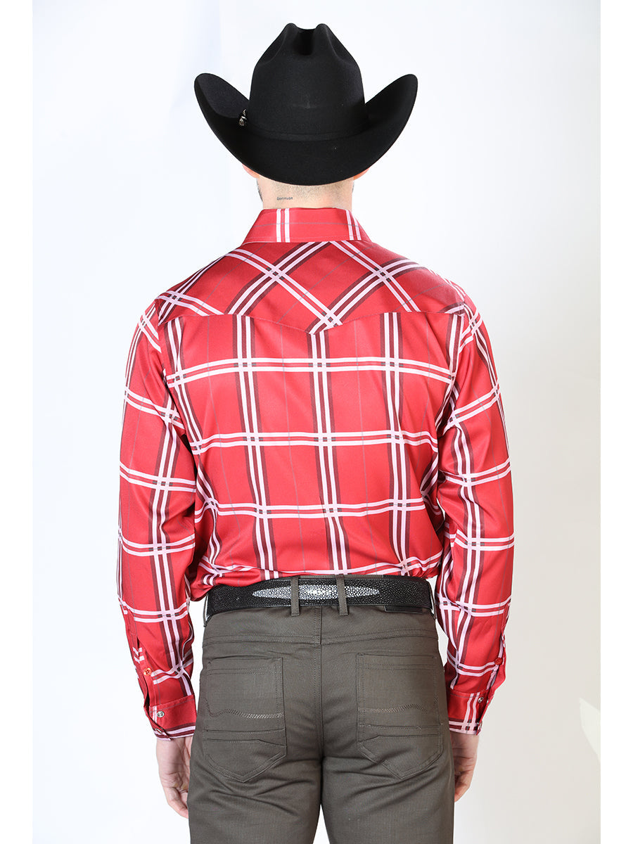 Camisa Vaquera Manga Larga de Broches Estampada Cuadros Rojo para Hombre 'El Señor de los Cielos' - ID: 43928 Camisas de Cuadros El Señor de los Cielos
