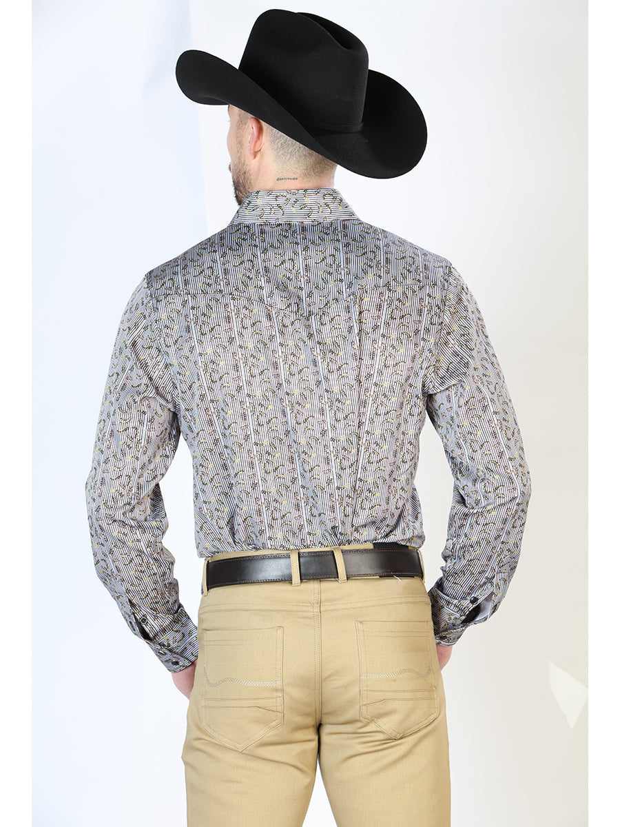 Camisa Vaquera Manga Larga de Broches Estampada Gris/Rojo para Hombre 'El Señor de los Cielos' - ID: 43931 Camisas Estampadas El Señor de los Cielos