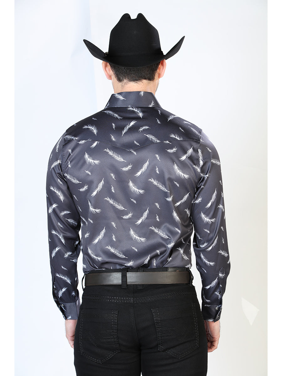Camisa Vaquera Manga Larga de Broches Estampada Plumas Marino para Hombre 'El Señor de los Cielos' - ID: 43934 Camisas Estampadas El Señor de los Cielos