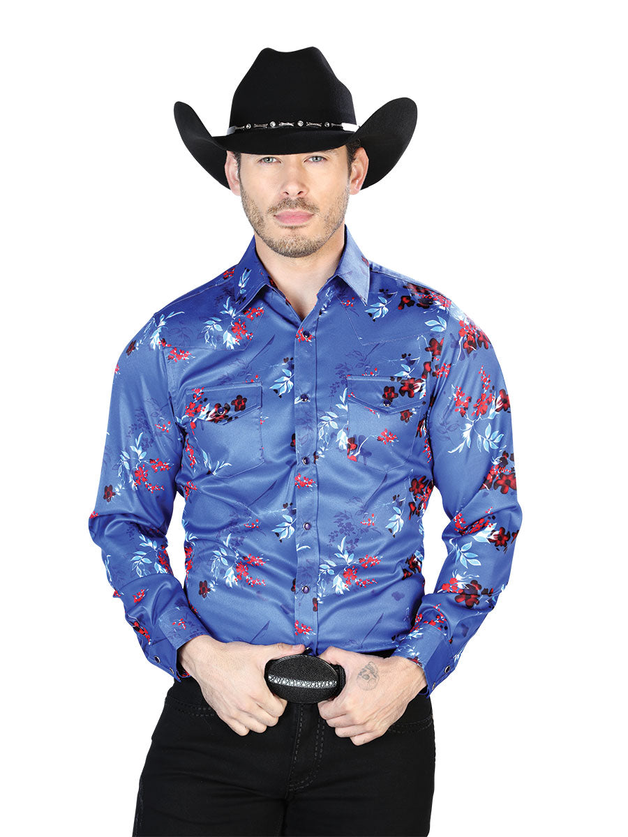 Camisa Vaquera Manga Larga de Broches Estampada Floral Azul Rey para Hombre  'El Señor de los Cielos' ID: 43942
