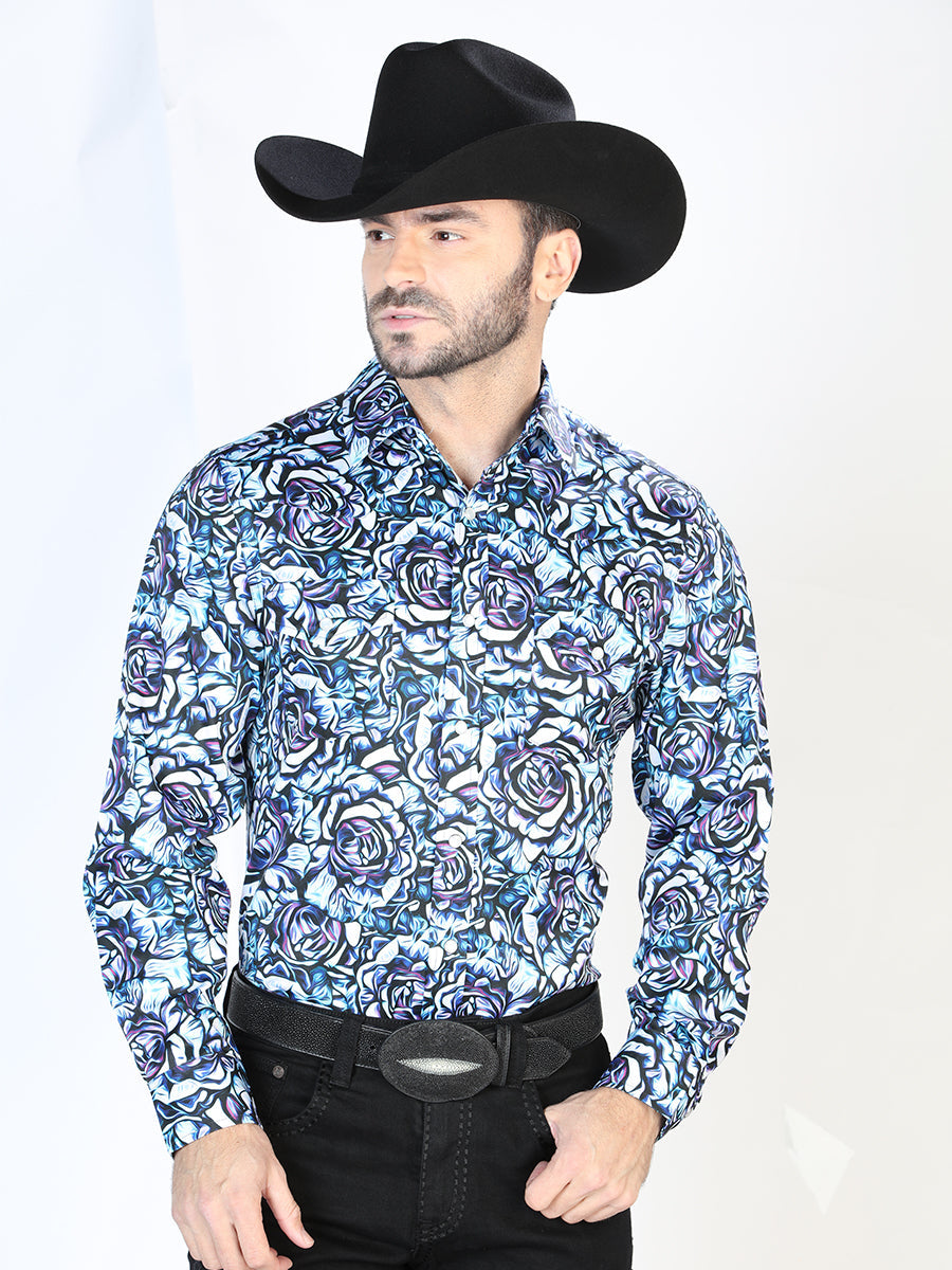 Camisa Vaquera Manga Larga de Broches Estampada Floral Azul para Hombre 'El Señor de los Cielos' - ID: 44069 Camisas Florales El Señor de los Cielos Blue