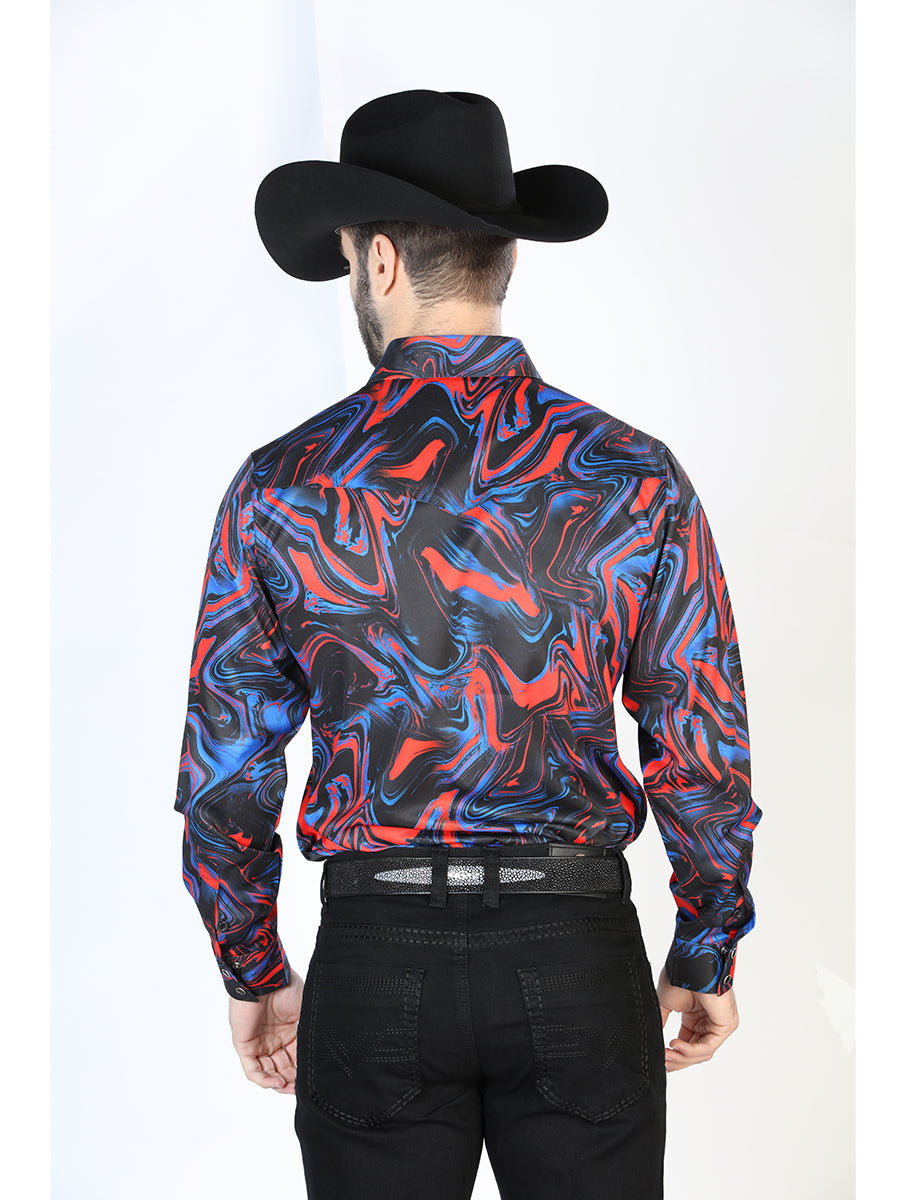 Camisa Vaquera Manga Larga de Broches Estampada Azul/Rojo para Hombre 'El Señor de los Cielos' - ID: 44080 Camisas Estampadas El Señor de los Cielos