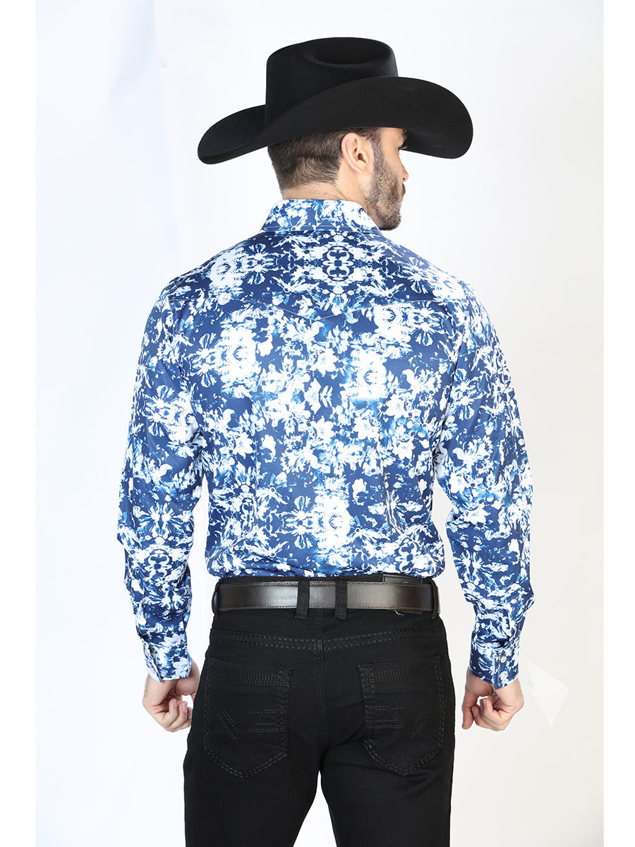 Camisa Vaquera Manga Larga de Broches Estampada Azul/Blanco para Hombre 'El Señor de los Cielos' - ID: 44091 Camisas Estampadas El Señor de los Cielos