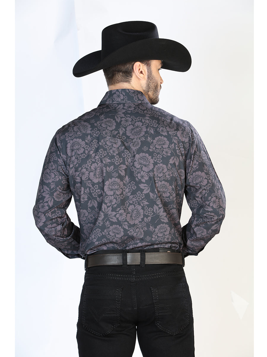 Camisa Vaquera Manga Larga de Broches Estampada Floral Negro para Hombre 'El Señor de los Cielos' - ID: 44100 Camisas Florales El Señor de los Cielos
