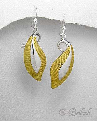 Aretes de Pluma de Plata Ley 925 Chapado en Oro de 14K - 925 Sterling Silver Plated with 14K Gold Feather Earrings - ID: 111986196 Bellash