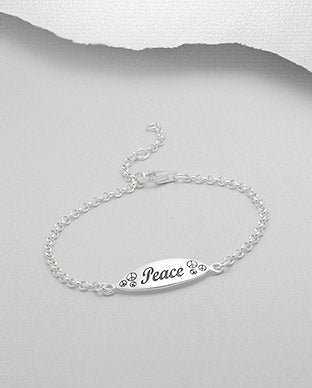 Pulsera de Cadena Ajustable Grabada con "Peace" de Plata Ley 925 - 925 Sterling Silver Adjustable Chain Bracelet Engraved with "Peace" - ID: 1221068166 Bellash