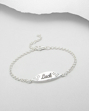 Pulsera de Cadena Ajustable Grabada con "Luck" de Plata Ley 925 - 925 Sterling Silver Adjustable Chain Bracelet Engraved with "Luck" - ID: 1221068174 Bellash