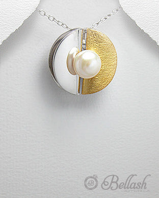 Dije Artesanal de Plata Ley 925 Chapado en Oro de 18K y Perla de Agua Dulce - 925 Sterling Silver Plated with 18K Gold and Freshwater Pearl Handmade Pendant - ID: 25382353 Bellash