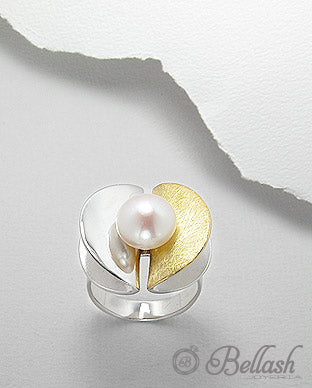 Anillo Artesanal de Plata Ley 925 Chapado en Oro de 18K y Perla de Agua Dulce - 925 Sterling Silver Plated with 18K Gold and Freshwater Pearl Handmade Ring - ID: 25382354 Bellash