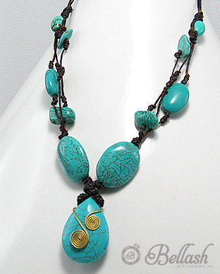 Collar Artesanal de Piedras Naturales Turquesas, Bronce y Algodon - Turquoise Natural Stones, Bronze and Cotton Handmade Necklace - ID: 50727434 Bellash